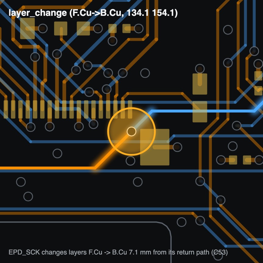 A via where an SPI line changes layer, 7 mm from the nearest return-path capacitor