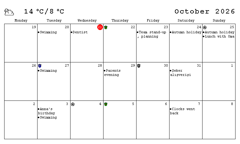 A month calendar for October 2026 with the weather and events, as the firmware drew it on the emulated e-paper