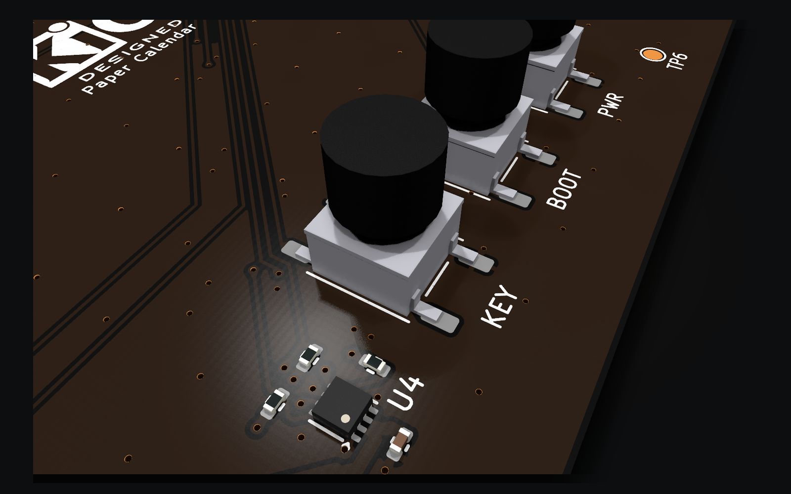 Close-up render of the KEY, BOOT and PWR buttons on the Paper Calendar