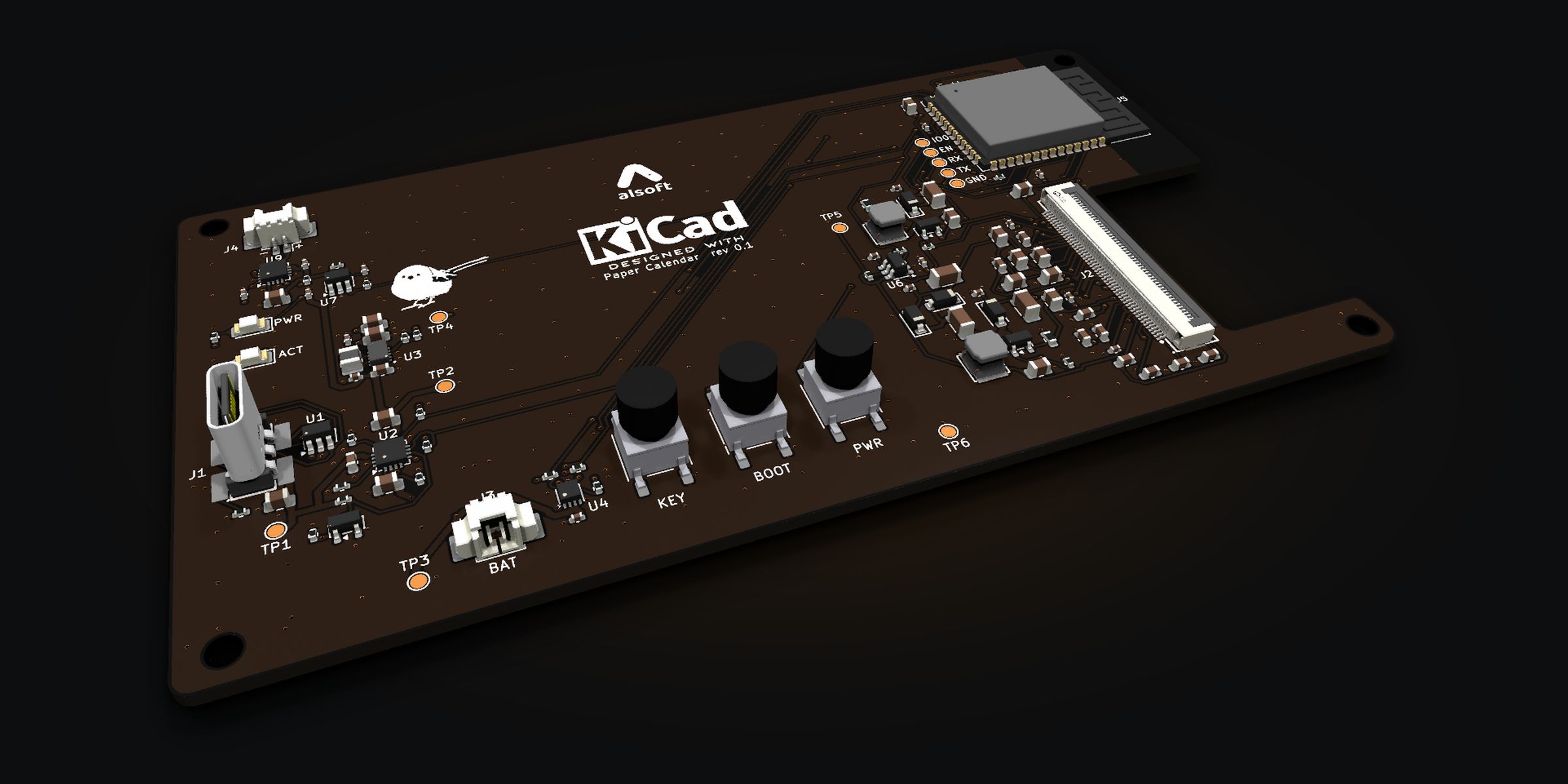 3D render of the Paper Calendar board: an ESP32-S3 module, a 50-pin e-paper connector and three buttons